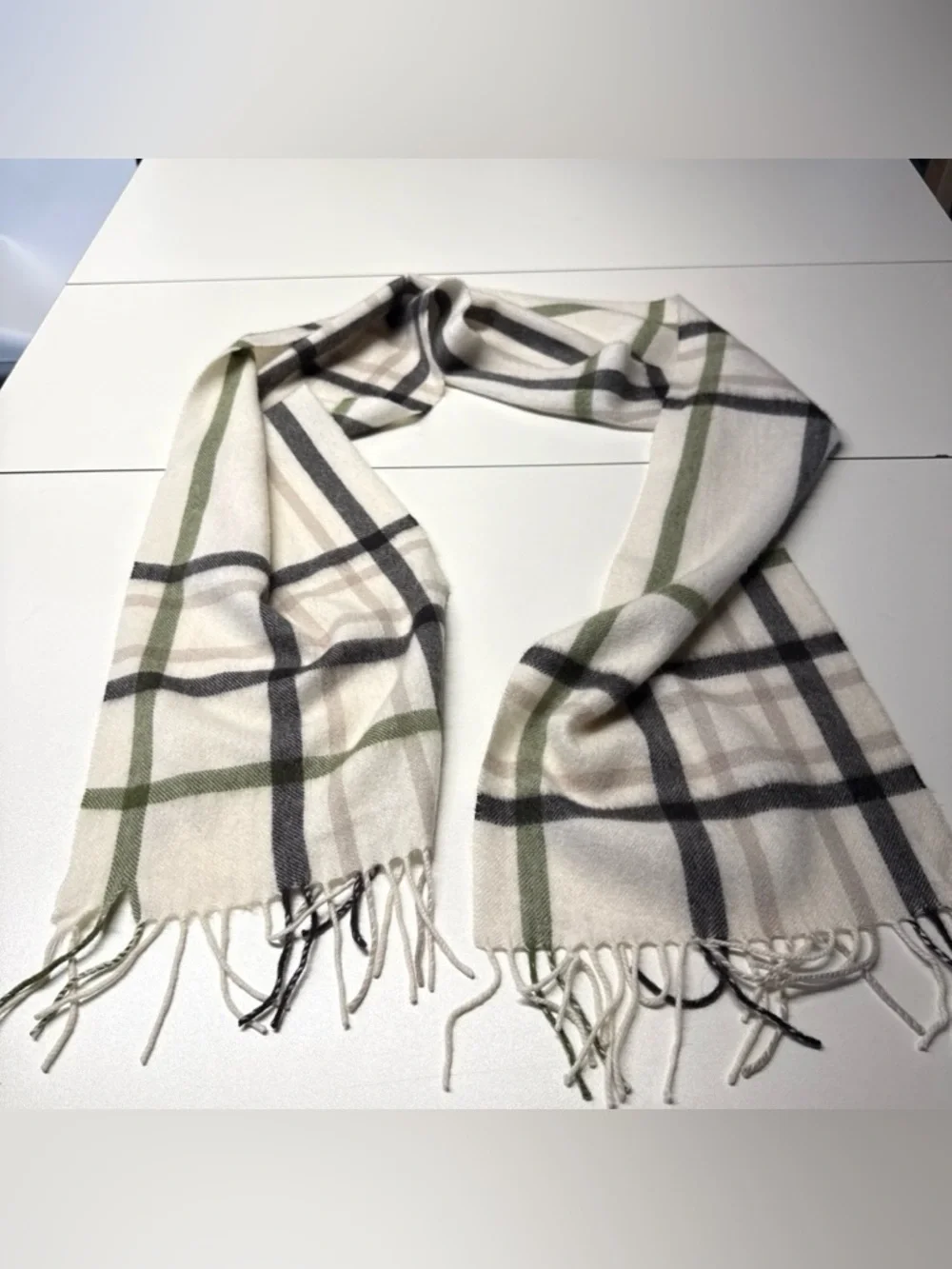 Charter Club Men’s Scarf Nova Check 100% Cashmere Cream Gray Green Preppy 10x62
